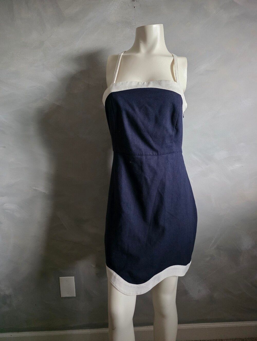 Adelyn Rae Eilish Scalloped Linen Mini Dress Blue Cream Contrast Sz M Nautical